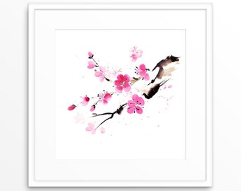Sakura Sumi-e Ink Painting, Japanese Cherry Blossom Art (Digital Download)