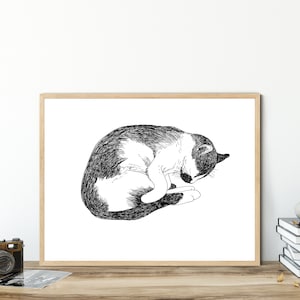 Ilustração de gato dormindo desenhado à mão – Arte de parede para impressão em preto e branco