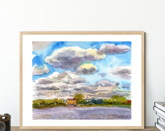 Printable Plein Air Painting. Digital file Ukraine Calm scenery. Clouds Watercolor scenery painting. Wall decor. Instant download