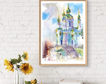 Watercolor St. Andrew’s Church Kyiv Print – Ukrainian Travel Artwork (Digital Download)