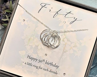 Personalised 50th Birthday Gift for Women, Sterling Silver Five Ring Necklace, 50th Necklace, 5 Rings 5 decades, 50th Gifts for Women