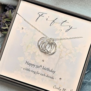 Personalised 50th Birthday Gift for Women, Sterling Silver Five Ring Necklace, 50th Necklace, 5 Rings 5 decades, 50th Gifts for Women