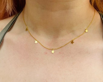Gold Star Choker Necklace, Dainty Sterling Silver Boho Celestial Jewelry