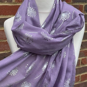 Purple Silver Metallic Dandelion Scarf, Purple Scarf for Women, Lilac Scarf, Scarf Gift Wrapping, Scarf as Gift Wrapped, Scarf Gifts