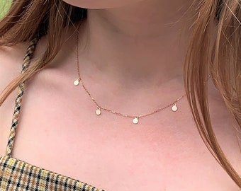 Rose Gold Coin Necklace, Dainty Rose Gold Boho Necklace with Tiny Discs, Sterling Silver Rose Gold Layering Choker Necklace