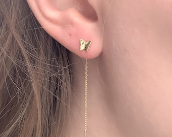 Butterfly Gold Threader Earrings, Butterfly Lover Gift, Dainty Everyday Earrings, Gold Long Dangle Earrings, Gold Plated Sterling Silver