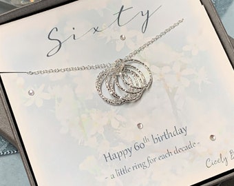 60th Birthday Gift Ideas for her, Sterling Silver 6 Decades Pendant Necklace, Personalised 60th jewellery, 16" 18" 20"