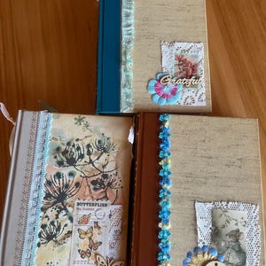 May include: Three decorative journals with different designs. The first journal has a teal spine and a blue and white lace trim. The second journal has a brown spine and a blue and white lace trim. The third journal has a brown spine and a blue and white lace trim. The journals have different designs on the front covers. The first journal has a floral design with the word "Grateful" on the front. The second journal has a butterfly design with the words "Butterflies" and "Butterfly Story" on the front. The third journal has a mouse design with the words "Be Unique" on the front.