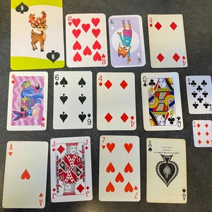 Playing card samples collection, mixed vintage playing cards, 14 preloved cards of multiple packs and sizes for collage or junk journal