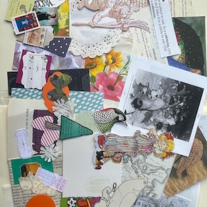 May include: A mixed media collage featuring a variety of paper elements. Includes vintage stamps, floral cutouts, and illustrations. The composition is a layered arrangement of colours, textures, and imagery, creating an artistic design.