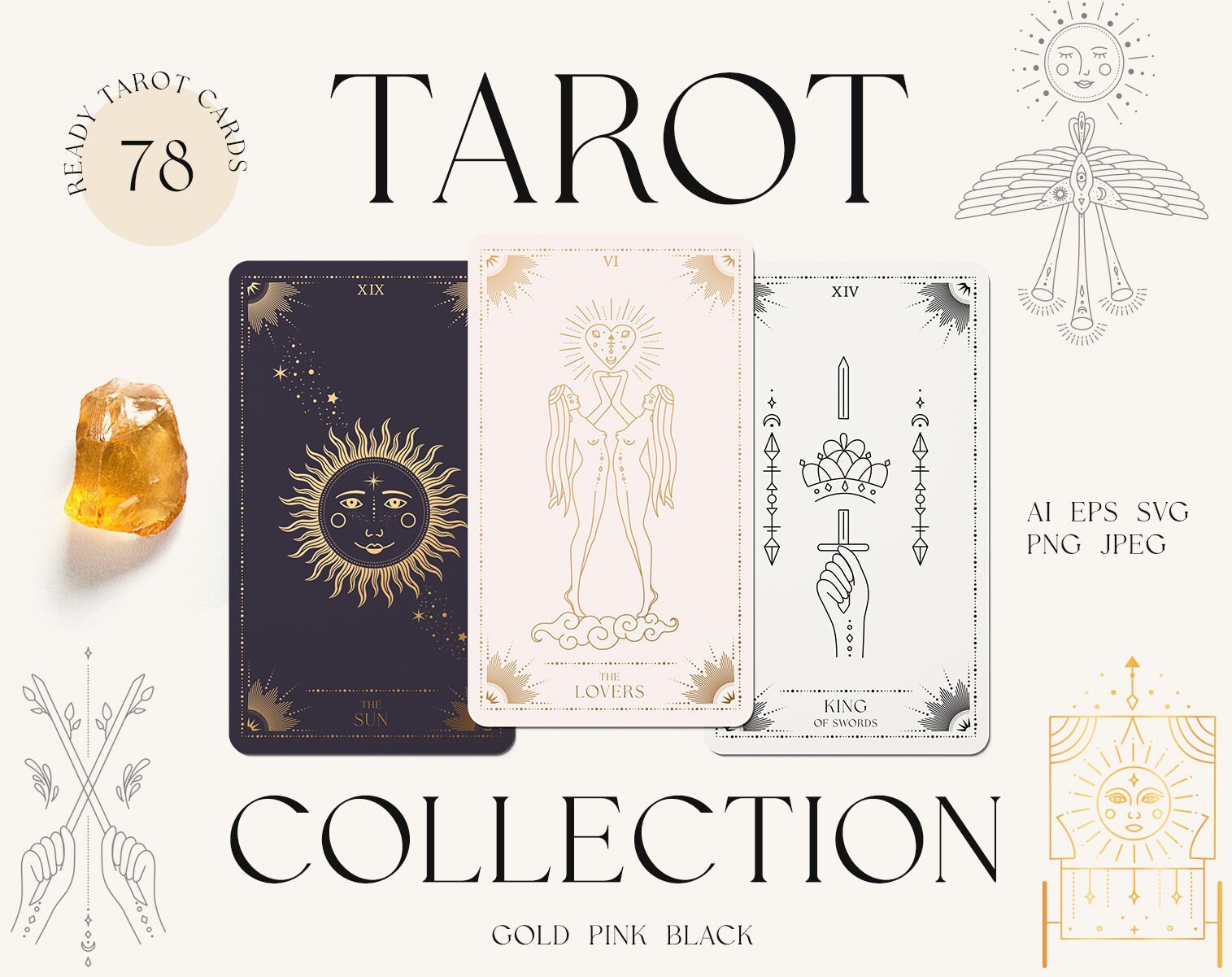Tarot Cards Deck 78 Tarot Card Svg Bundle Pink Gold Black | Etsy