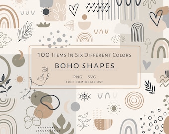 Boho Shapes Clipart Bundle, Abstract Bohemian Modern Collage Illustrations, PNG and SVG files, Free Commercial Use,