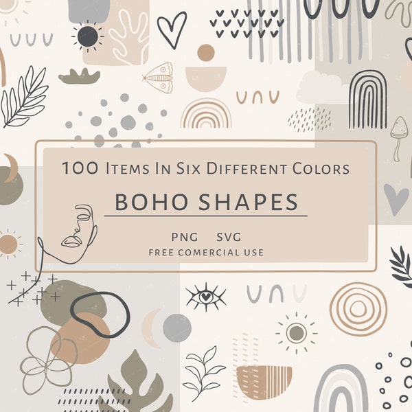 Boho Shapes Clipart Bundle, Abstract Bohemian Modern Collage Illustrations, PNG and SVG files, Free Commercial Use,