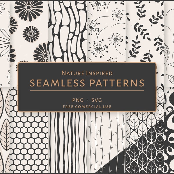 Nature Inspired Seamless Patterns Bundle, Free Commercial Use, Trendy Minimalistic Simple Organic Theme, SVG, PNG, Black and Beige