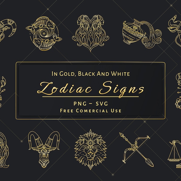 Zodiac Signs Clipart Bundle. Free Commercial Use. Files in SVG and PNG. In Gold Black White. Horoscope, Birth Sign and Astrological Theme