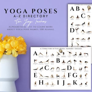 A-Z Directory of Yoga Poses. Sanskrit and English. Printable PDF in A4. Yoga Pose Chart. Yoga Teaching Chart. Yoga Asanas Chart. Yoga Class.