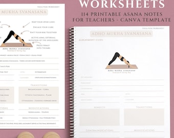 YOGA POSE WORKSHEETS for Teachers, 114 Asanas Study Guide, Canva Template, Yoga Teacher Training Bundle, Printable Yoga Anatomy Notes