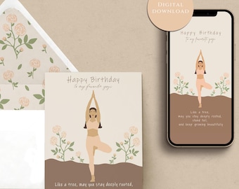 Yoga Birthday Card, Digital & Printable Yogi Greeting Card for Friend, Aesthetic Yoga Gift, Editable Phone Card Canva, PDF Yoga Teacher Gift