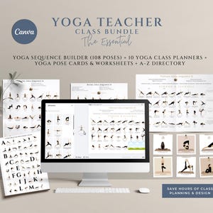Yoga Teacher Bundle with Sequence Builder, Yoga Class Planner Canva Template, 108 Yoga Pose Cards Printable, Asana Worksheets, A-Z Directory