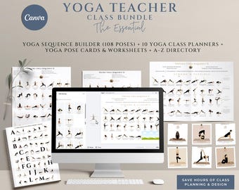Yoga Teacher Bundle with Sequence Builder, Yoga Class Planner Canva Template, 108 Yoga Pose Cards Printable, Asana Worksheets, A-Z Directory