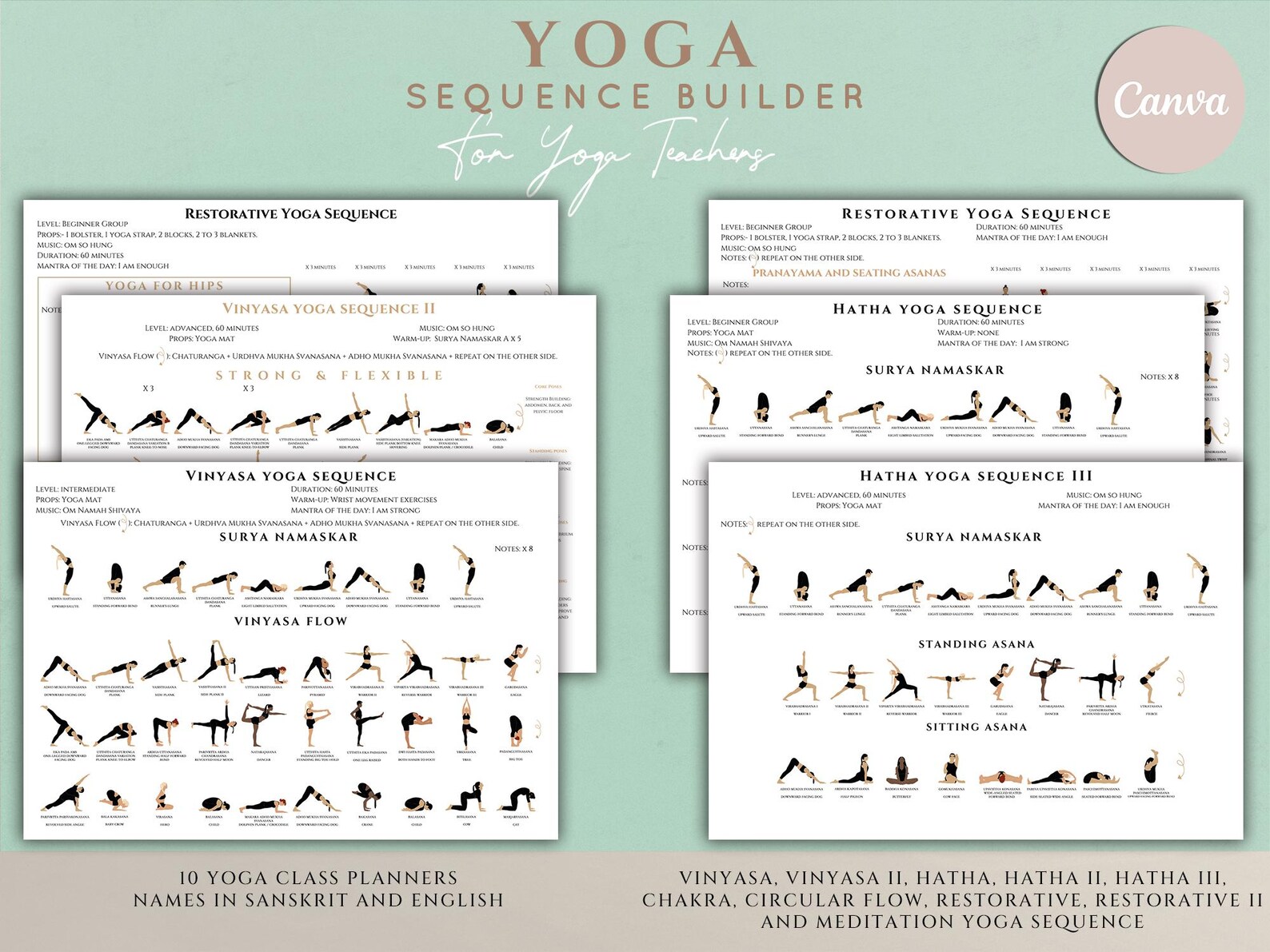 Yoga Sequence Builder for Teachers | Canva Yoga Planner | 108 Poses ...