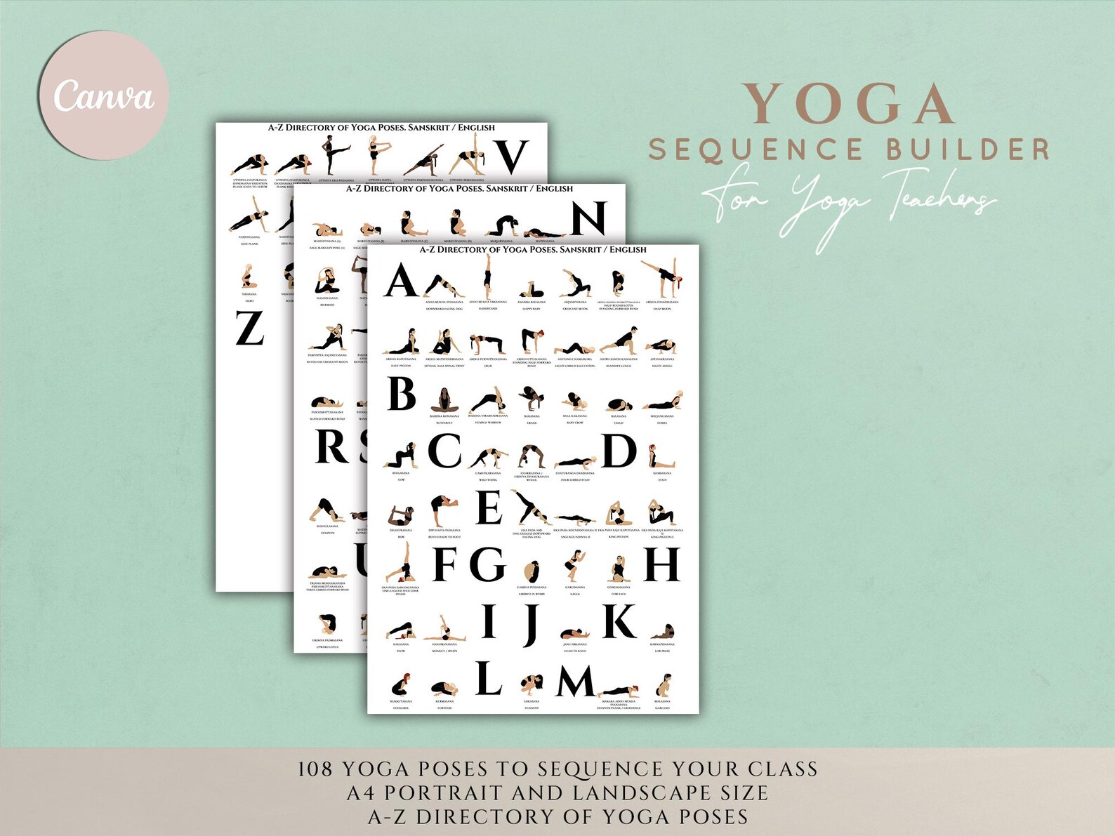 Yoga Sequence Builder for Teachers | Canva Yoga Planner | 108 Poses ...