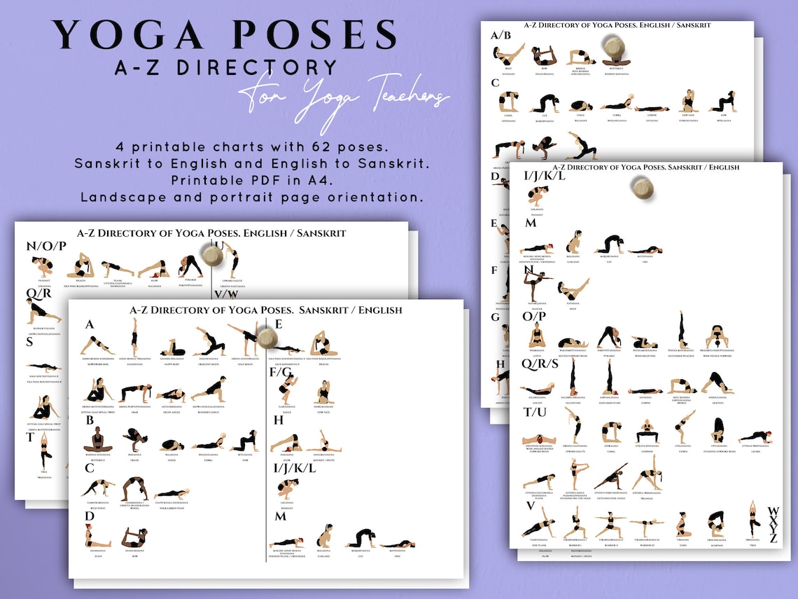 AZ Directory of Yoga Poses. Sanskrit and English. Printable PDF in A4