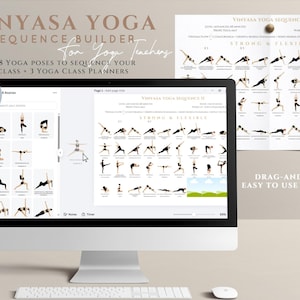 May include: A computer screen shows a yoga sequence builder with the text "Vinyasa Yoga Sequence Builder". The screen displays yoga poses and the Canva logo. A printed chart with yoga poses is visible to the right. The text "Drag-and-drop easy to use in Canva" is also visible.