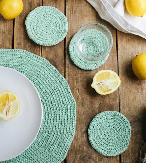Mint green set of 6 placemats and 6 coasters round french Etsy