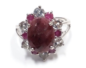 Estate, Sterling silver, Ruby ring with CZ's.