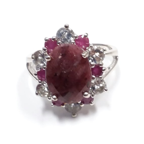 Estate, Sterling silver, Ruby ring with CZ's. - image 1