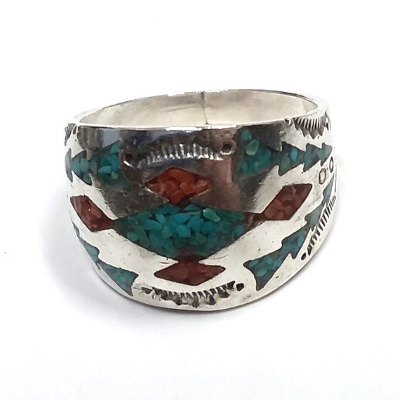 Estate, Sterling Silver, Turquoise and coral ring - image 1