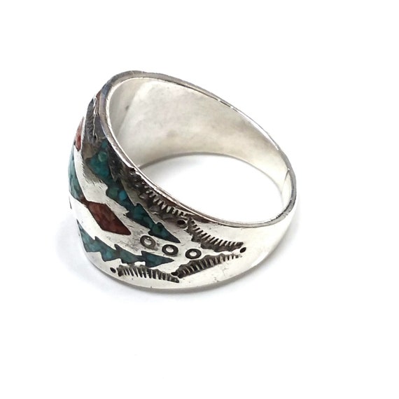 Estate, Sterling Silver, Turquoise and coral ring - image 3