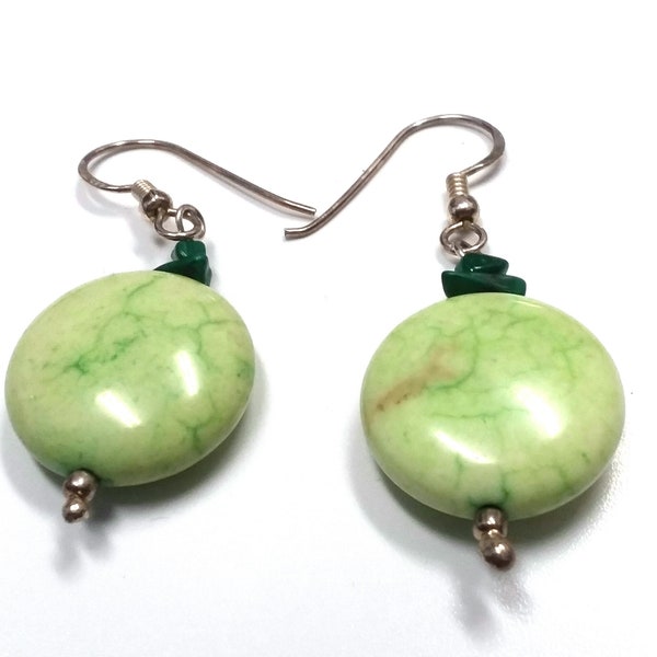 Estate, Sterling Silver, Malachite and Light green stone Earrings.