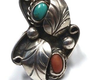 Estate, Sterling Silver, Coral and Turquoise, Double Leaf Ring