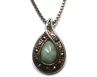 Estate, Sterling Silver green pear shaped gemstone pendant with marcasites