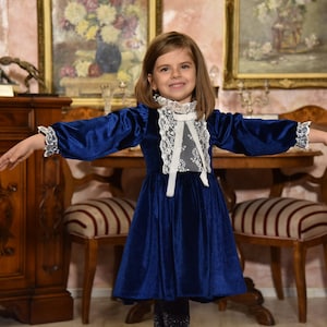 Soft velvet dress, Victorian style girl dress, navy vintage dress