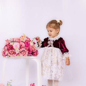 Burgundy Velvet Dress for Girls with Lace Details, Handmade Vintage Style Outfit, Perfect for Birthdays, Baptisms & Special Occasions