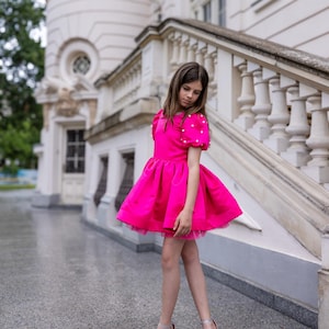 Handmade Fuchsia Pink &quot;Barbie&quot; Taffeta Dress for Girls, Elegant Princess Gown, Perfect for Special Occasions, Birthdays, and Formal Events