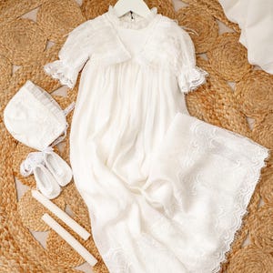 Luxury Catholic Baptism Dress Ava by Selenial in Natural Silk Blend with Lace and Feathers for Baby Girl Christening Ceremony