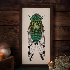 May include: A framed cross-stitch embroidery featuring a detailed green cicada with purple eyes and translucent wings with black spots. The insect is centered on a light-colored fabric background, enclosed in a dark brown wooden frame.