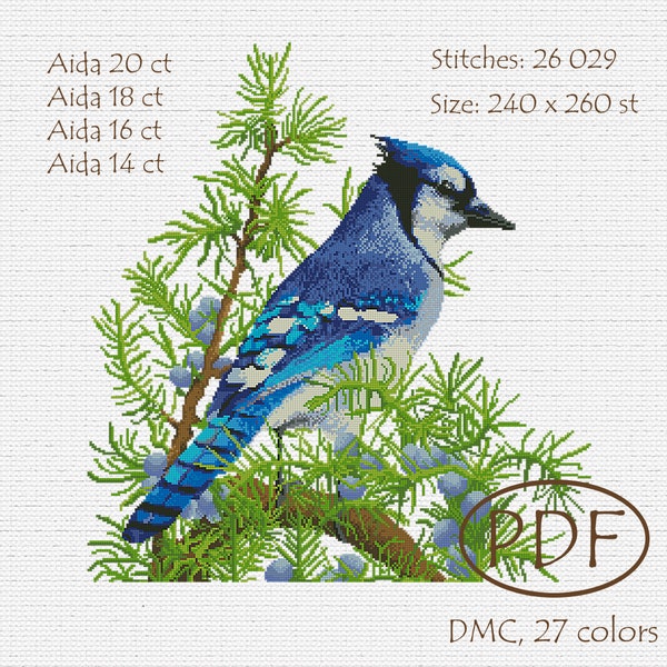 Blue Jay cross stitch pattern, blue bird cross stitch, blue jay embroidery, counted stitch, Instant download PDF