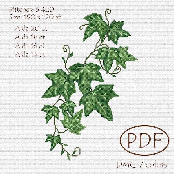 Ivy Cross Stitch Pattern, Green Ivy Embroidery, Instant download PDF