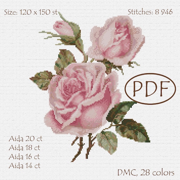 Roses cross stitch pattern, rose flower embroidery, instant downloasd PDF