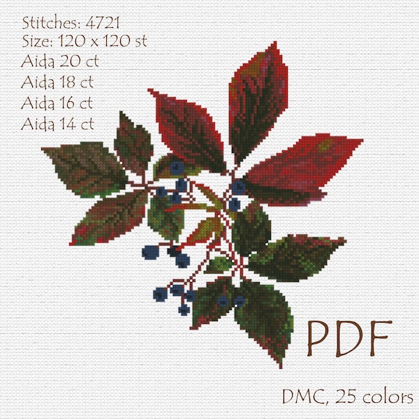 Virginia creeper cross stitch pattern, parthenocissus, floral autumn embroidery, instant download PDF
