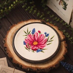 Può includere: Un telaio da ricamo circolare contenente un disegno a punto croce su tessuto bianco sporco. Il motivo presenta un grande fiore rosa vibrante con un centro giallo, circondato da piccoli fiori blu e foglie verdi, incorniciato da un cerchio in legno.