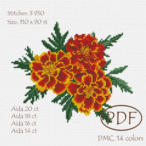 Marigold cross stitch pattern, marigold flowers, tagetes lucida, counted cross pattern, instant download PDF