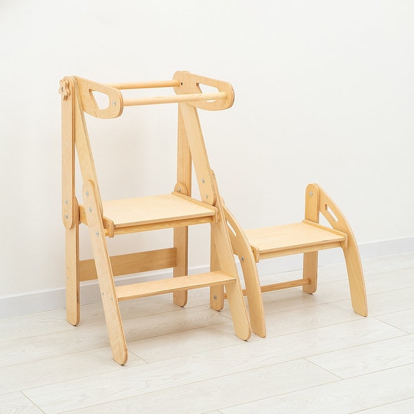 Étagère de cuisine beige, meubles Montessori, étagère de cuisine pliable, étagère d'apprentissage, étagère d'aide, escabeau pour chambre d'enfant, échafaudage en bois pliable