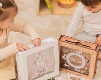 Alcancía para niños, caja de dinero para niños, regalo de cumpleaños para bebés, huchas de madera, hucha personalizada para niños pequeños, regalo para niños, alcancía con nombre