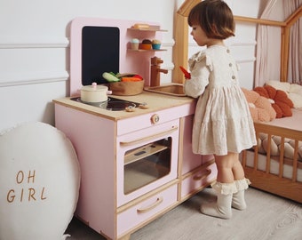 Pink Wooden Kitchen, Pretend Play Kitchen Wooden, Girl Birthday